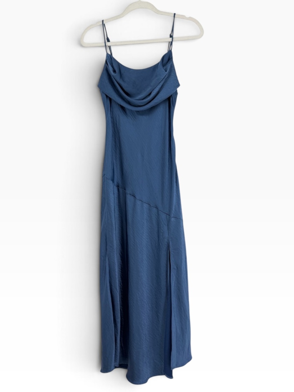 Saints + Secrets Cowl Neck Satin Slip Dress Teal Blue High Slit Midi Dress Med